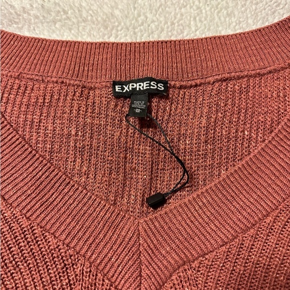 Express Tie Sleeve Split Back Cropped Sweater Pink Brown V Neck Oversized Knit - Picture 13 of 13